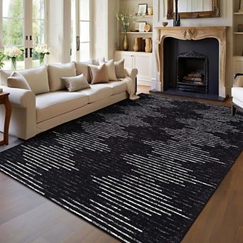 Washable Modern Solid Area Rugs Non Slip Striped Geometric Design