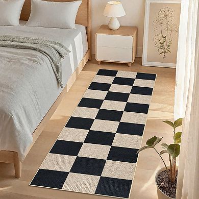 Black Machine Washable Living Room Bedroom Dining Room Classroom Geometric Checkered Modern