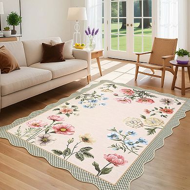Floral Printed Area Rugs Botanical Scalloped Design Washable Non Slip TPR Backing Low Pile