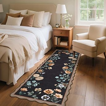 Floral Printed Area Rugs Botanical Scalloped Design Washable Non Slip TPR Backing Low Pile