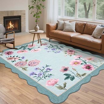 Floral Printed Area Rugs Botanical Scalloped Design Washable Non Slip TPR Backing Low Pile