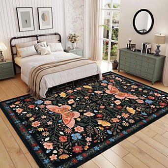 Farmhouse Floral Area Rugs Botanical Butterfly Printed Carpet