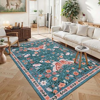 Farmhouse Floral Area Rugs Botanical Butterfly Printed Carpet
