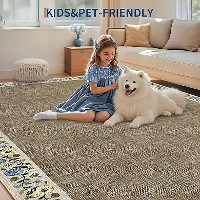 Floral Print Bordered Area Rugs Washable Low Pile Non Slip Soft