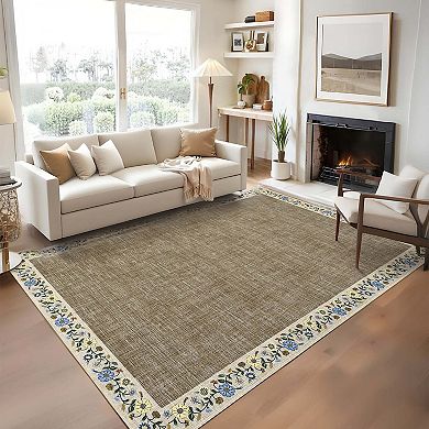 Floral Print Bordered Area Rugs Washable Low Pile Non Slip Soft