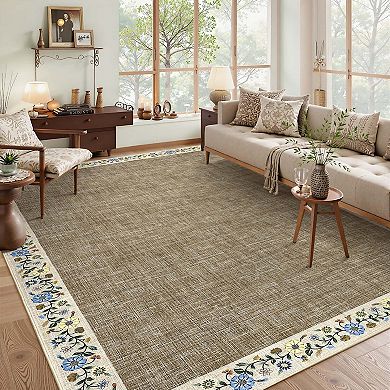 Floral Print Bordered Area Rugs Washable Low Pile Non Slip Soft