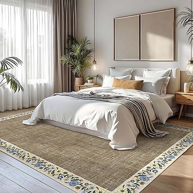 Floral Print Bordered Area Rugs Washable Low Pile Non Slip Soft
