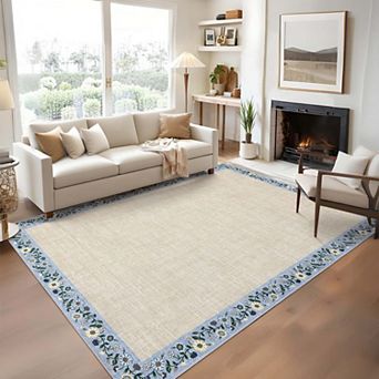 Floral Print Bordered Area Rugs Washable Low Pile Non Slip Soft