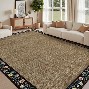 Floral Print Bordered Area Rugs Washable Low Pile Non Slip Soft