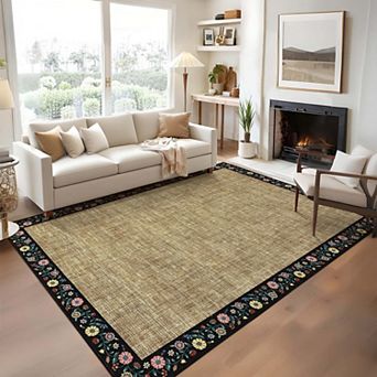 Floral Print Bordered Area Rugs Washable Low Pile Non Slip Soft