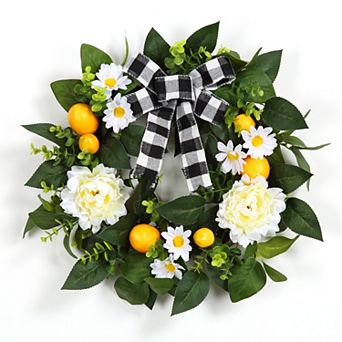 20" Lemon Wreath for Front Door, Artificial Spring Summer Wreath with Peony Flower and Bow