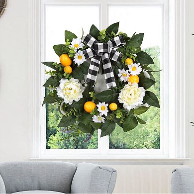 20" Lemon Wreath for Front Door, Artificial Spring Summer Wreath with Peony Flower and Bow