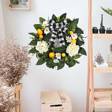20" Lemon Wreath for Front Door, Artificial Spring Summer Wreath with Peony Flower and Bow