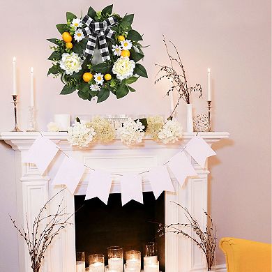 20" Lemon Wreath for Front Door, Artificial Spring Summer Wreath with Peony Flower and Bow