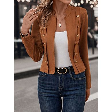 Women's Faux Suede Cropped Jacket with Gold Buttons