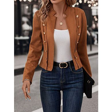Women's Faux Suede Cropped Jacket with Gold Buttons
