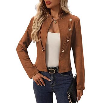 Women's Faux Suede Cropped Jacket with Gold Buttons