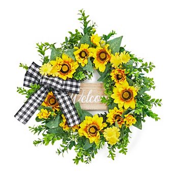 20" Sunflowers Front Door Wreath, Spring Summer Yellow Floral Wreath with Bow and Welcome Sign