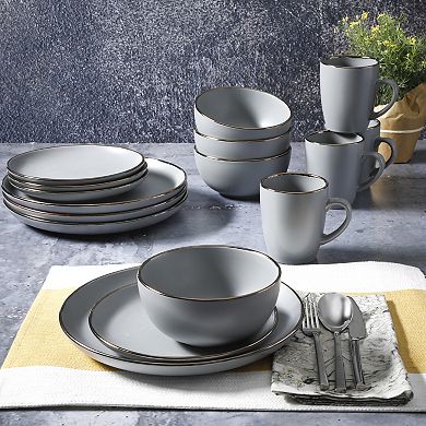 Gibson Home Rockaway 16 Piece Plates and Bowls Matte Glaze Gold Rim Set