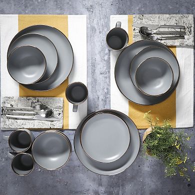 Gibson Home Rockaway 16 Piece Plates and Bowls Matte Glaze Gold Rim Set