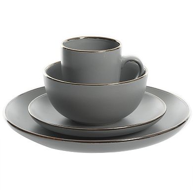 Gibson Home Rockaway 16 Piece Plates and Bowls Matte Glaze Gold Rim Set