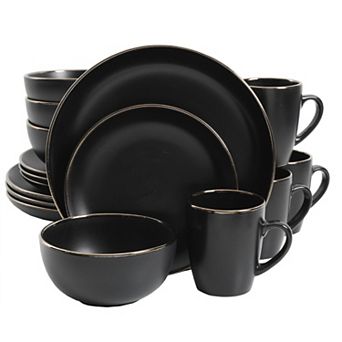 Gibson Home Rockaway 16 pc Plates and Bowls Matte Glaze Gold Rim Set