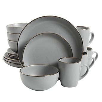 Gibson Home Rockaway 16 pc Plates and Bowls Matte Glaze Gold Rim Set