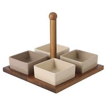 Gibson Elite Gracious Dining 4 Sectional Stoneware Tidbit and Dip Dish Set with Acacia Tray