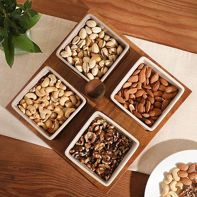 Gibson Elite Gracious Dining 4 Sectional Stoneware Tidbit and Dip Dish Set with Acacia Tray