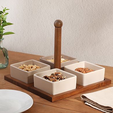 Gibson Elite Gracious Dining 4 Sectional Stoneware Tidbit and Dip Dish Set with Acacia Tray