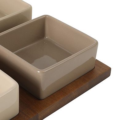 Gibson Elite Gracious Dining 4 Sectional Stoneware Tidbit and Dip Dish Set with Acacia Tray