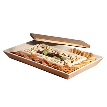 Gibson Elite Gracious Dining 3 Section Stoneware Serving Tray with Acacia Lid for Entertaining