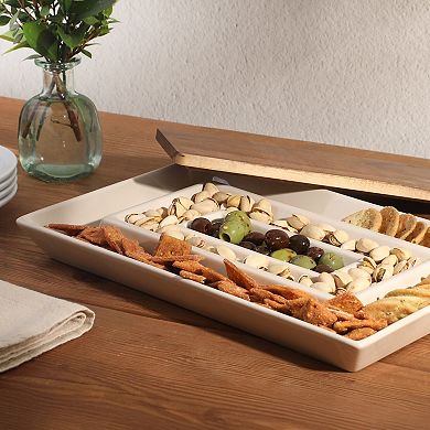 Gibson Elite Gracious Dining 3 Section Stoneware Serving Tray with Acacia Lid for Entertaining