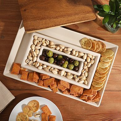 Gibson Elite Gracious Dining 3 Section Stoneware Serving Tray with Acacia Lid for Entertaining