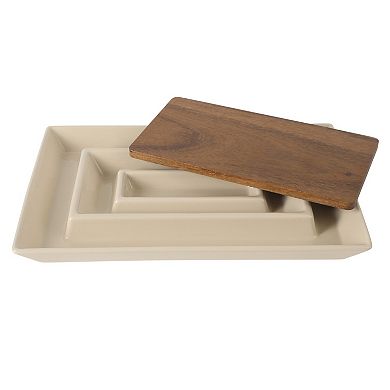 Gibson Elite Gracious Dining 3 Section Stoneware Serving Tray with Acacia Lid for Entertaining