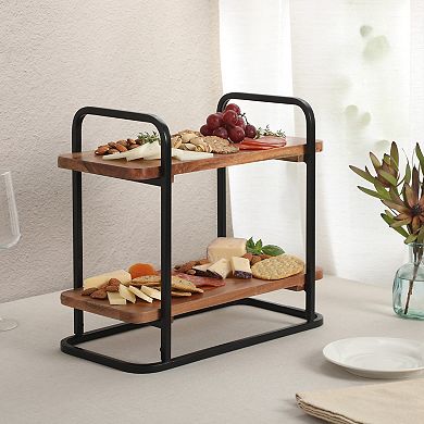 Gibson Home Gracious Dining 2 Tier Wooden Serving Tray with Metal Frame
