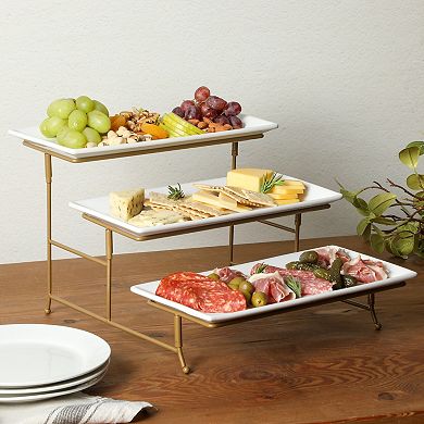 Gibson Home Gracious Dining 3 Tier Rectangle Plate Serving Set with Metal Stand