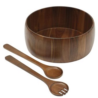 Gibson Home Laurelton Large Acacia Wood Salad Serving Bowl Set with Serving Tools