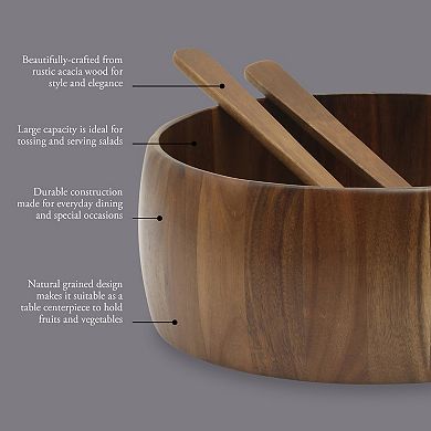 Gibson Home Laurelton Large Acacia Wood Salad Serving Bowl Set with Serving Tools