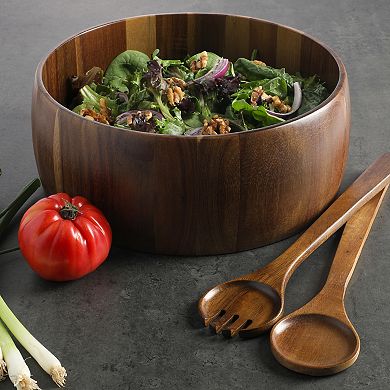 Gibson Home Laurelton Large Acacia Wood Salad Serving Bowl Set with Serving Tools
