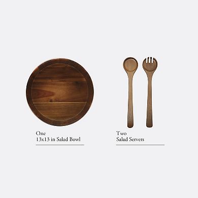 Gibson Home Laurelton Large Acacia Wood Salad Serving Bowl Set with Serving Tools