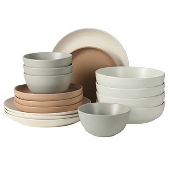 Gibson Elite Leeds Court 16 pc Stoneware Speckle Reactive Plates and Bowls Set