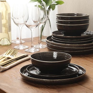 Gibson Elite Eclipse Swirls 12 Piece Stoneware Reactive Plates and Bowls Set