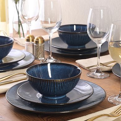 Gibson Elite Midnight Luna 12 Piece Stoneware Reactive Plates and Bowls Set