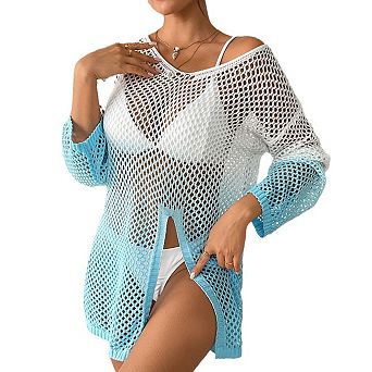 Women's V Neck Hollow Out Long Sleeve Pullover Swimwear Cover Up