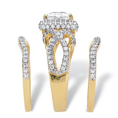 2.82 Cttw. 14k Gold-plated Sterling Silver Cubic Zirconia 3-Pc. Bridal Ring Set