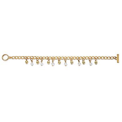 Round Crystal Goldtone Beaded Toggle Charm Bracelet 7.5"