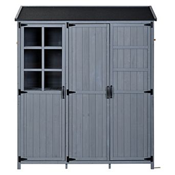 Merax Large Patio Garden Shed with Waterproof Roof, 3-Door Storage Cabinet & Workstation