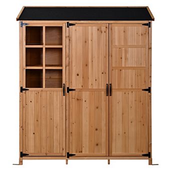 Merax Large Patio Garden Shed with Waterproof Roof, 3-Door Storage Cabinet & Workstation