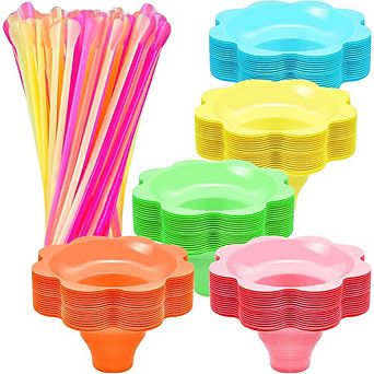 200 pc Colorful Snow Cone Cups with Spoon Straws, Flower Shaped, for Party & Summer